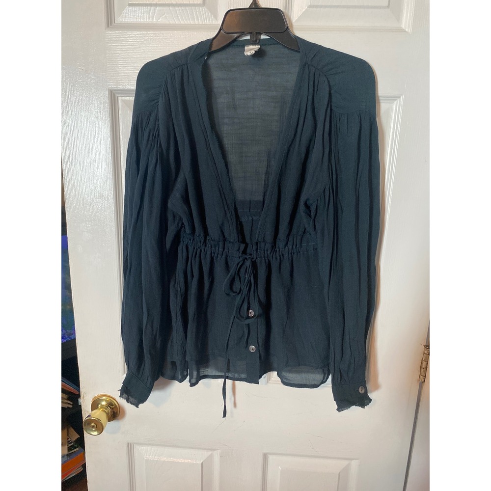 Flawless‎ Dark Teal Sheer Gauze Drawstring Empire Waist Peplum Blouse Medium